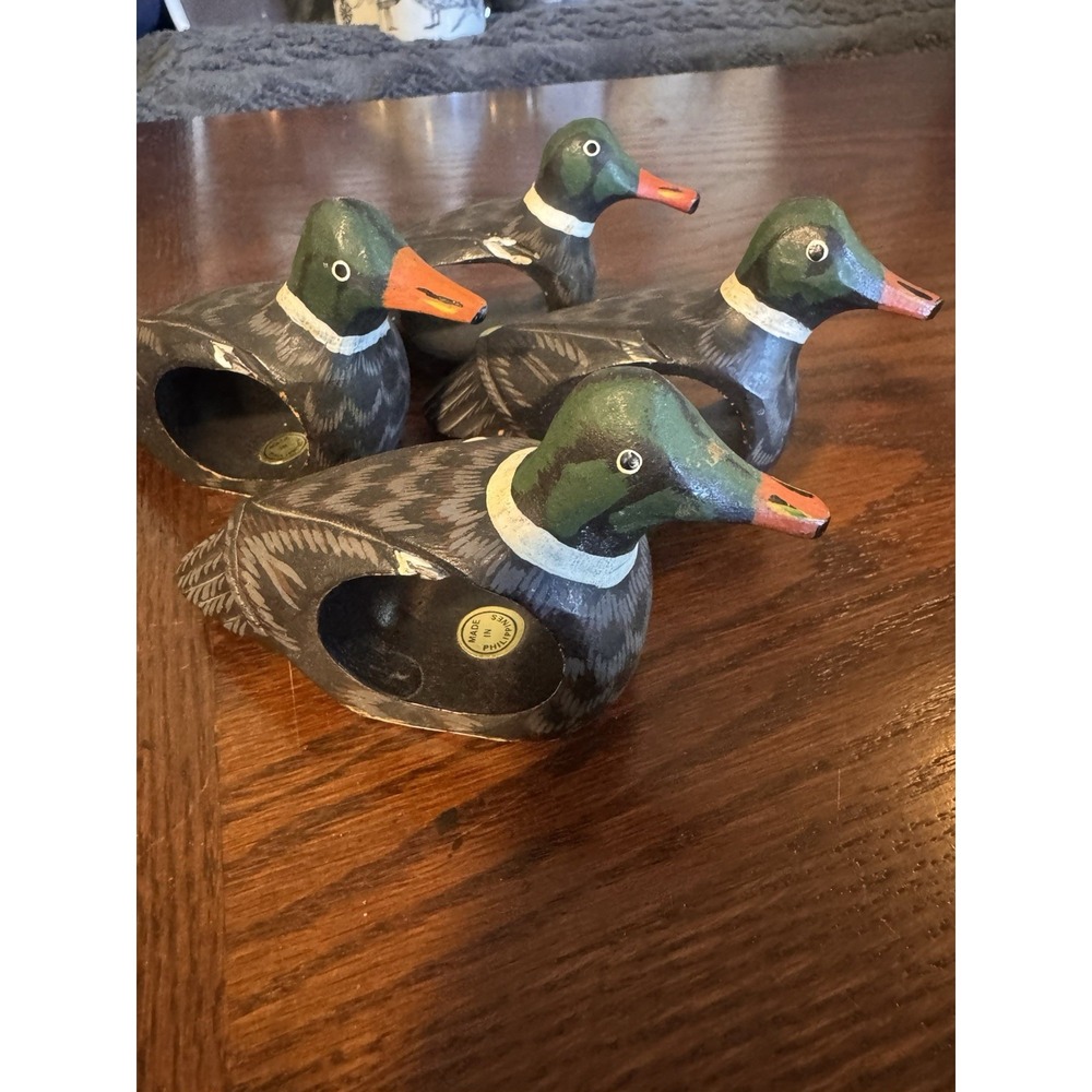 VTG 4 WOODEN HAND CARVED AND PAINTED DUCK MALLARD NAPKIN RINGS PHILIPPINES